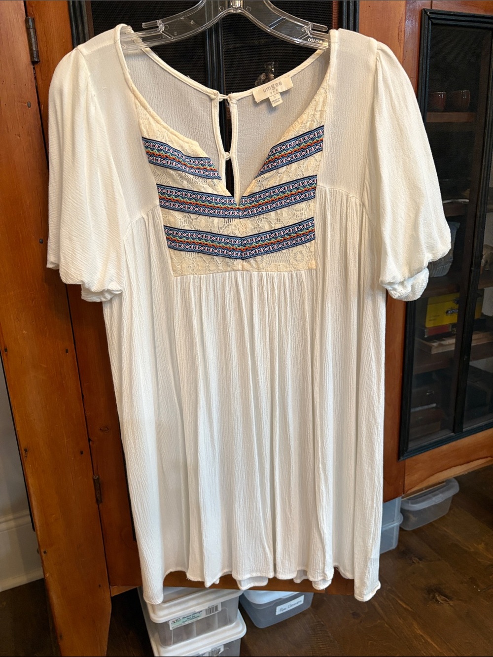 Umgee Cream Boho Embroidered Yoke Dress
